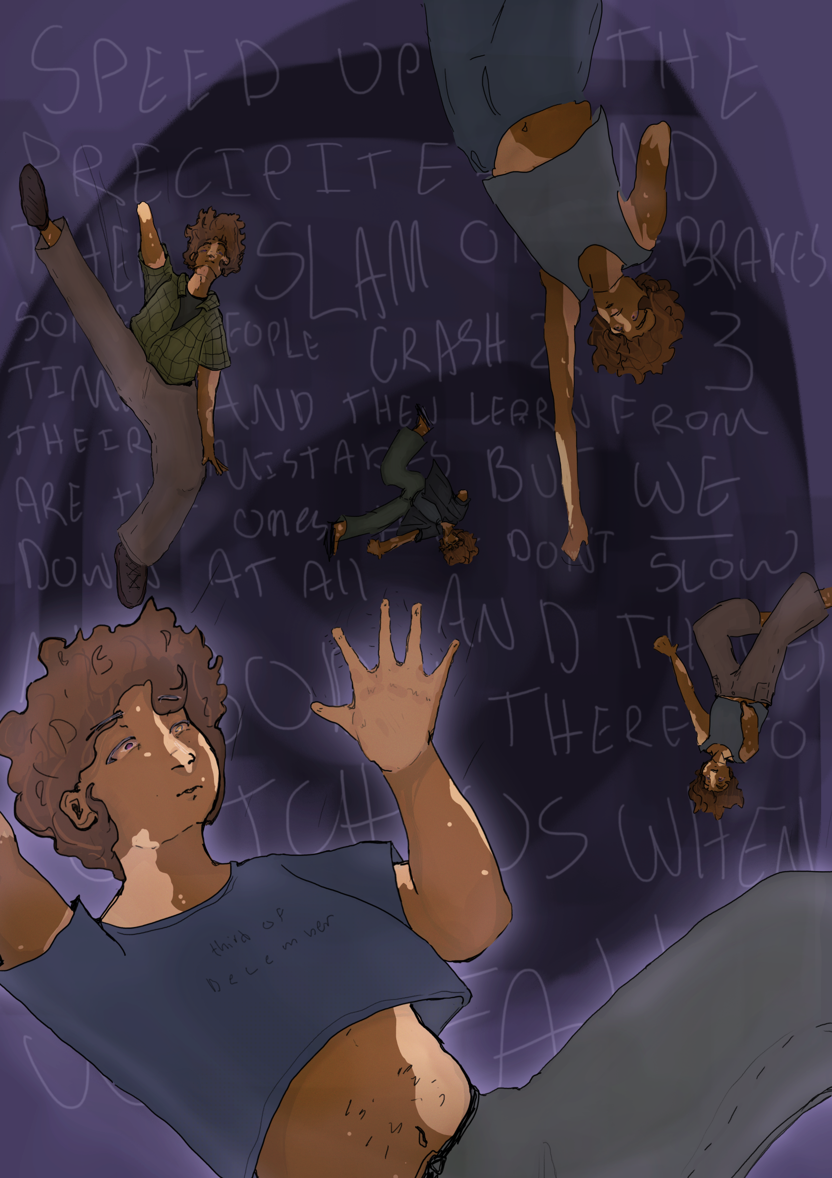 several images of the same character falling in a spiral shape in front of song lyrics